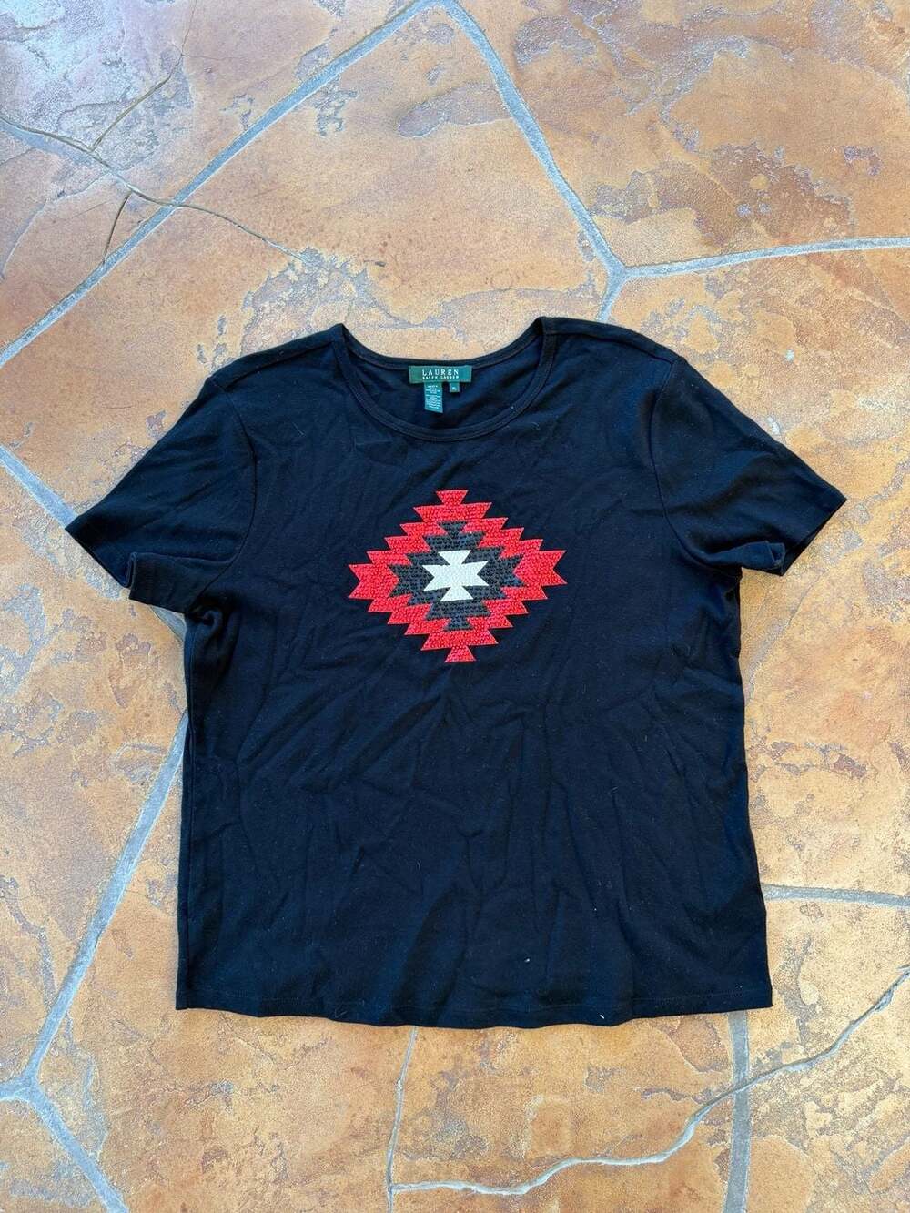 Lauren Ralph Lauren Aztec Sequin T-Shirt Size XL Black Southwest